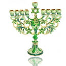 Amazing Gold Plated & Green Enamel With Zircons Inlay 9 Branch Hanukkah Menorah Chanukia From Jerusalem With Star Of David Judaica Hanukiah