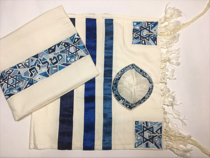 set Tallit+kippa+bag Embroidered Raw Silk 19X70" Emanuel Man/Women Magen David