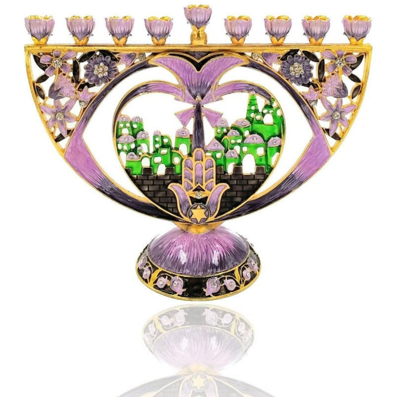 Gold Plated And Purple Enamel Nine Branch Chanikiah Pomegranate & Hamsa Hand Jerusalem Hanukkah Menorah Hanukia From Israel Jerusalem Art