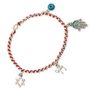 Red Wool Thread String Bracelet With 4 Jewish Judaica Silver 925 Pendant Art Kabbalah Charms: Evil Eye, Chai, Star Of David, Hand Hamsa