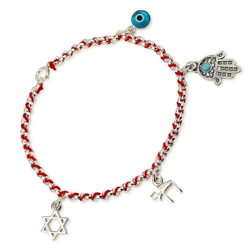 Red Wool Thread String Bracelet With 4 Jewish Judaica Silver 925 Pendant Art Kabbalah Charms: Evil Eye, Chai, Star Of David, Hand Hamsa