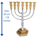 Massive Menorah 18 Inch Height Copper With Silver & 18K Gold Plating Seven Branch Oil / Candle Holder Israel Holy Land Temple
