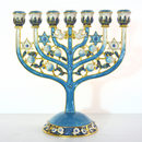 Cohen Tsemach Art & Gift 7 Branch Menorah Candle Holder Crystal Rhinestones Bejeweled Hand-Painted Star of David Enamel Candlesticks Motifs of pomegranates and doves Blue