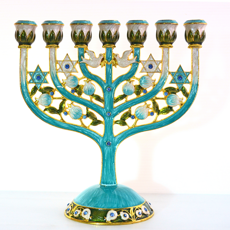 Cohen Tsemach Art & Gift 7 Branch Menorah Candle Holder Crystal Rhinestones Bejeweled Hand-Painted Star of David Enamel Candlesticks Motifs of pomegranates and doves