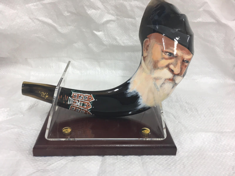 shofar 15"-17" ram horn shofar hand painted very special rabbi ovadia + stand