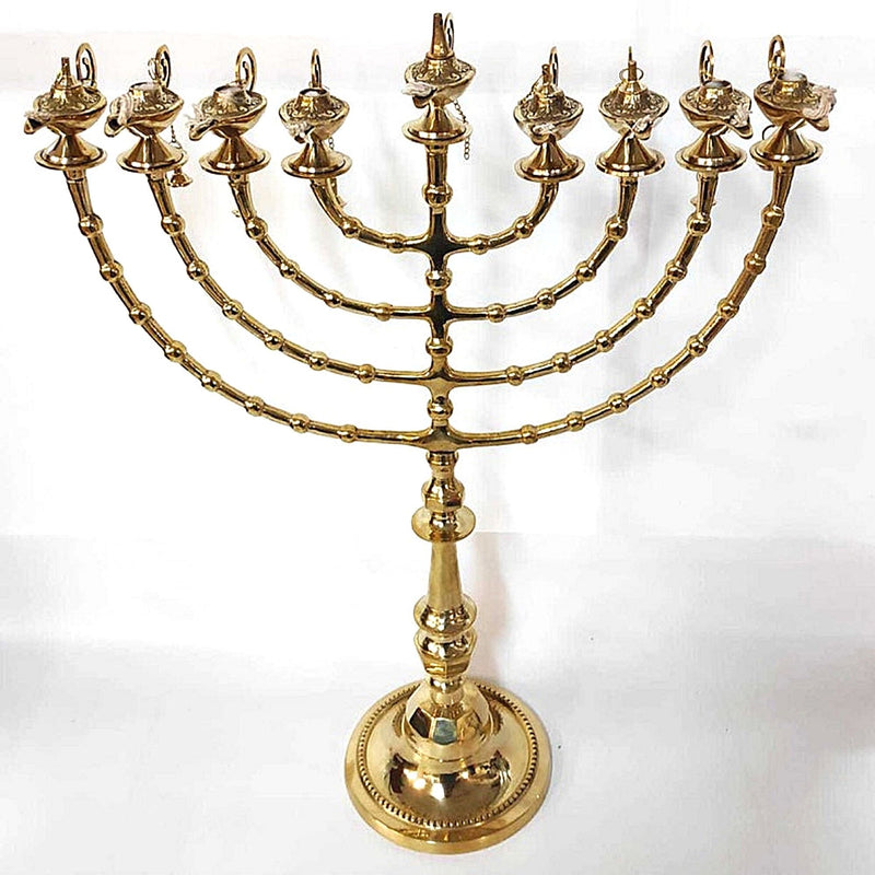 Brass Copper Hand Made Authentic Extra Large 22 Inch / 55 cm Hanukkah Candle Holder With 9 Genie Aladdin Oil Lamp Branches Gift