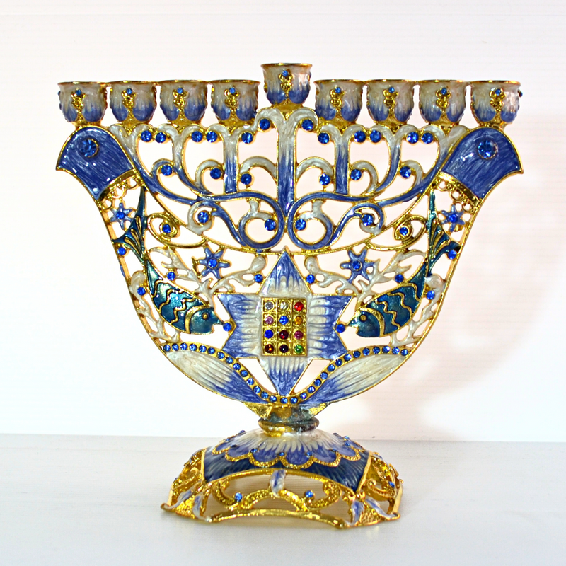 Cohen Tsemach Art & Gift Menorah Hanukkah two doves priestly breastplate Blue Gold & Enamel With Zircons Nine Branch Chanukia