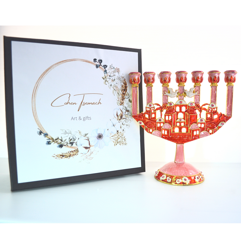 Cohen Tsemach Art & Gift 7 Branch Menorah Candle Holder Jerusalem Hand Painted Crystal Rhinestones Bejeweled