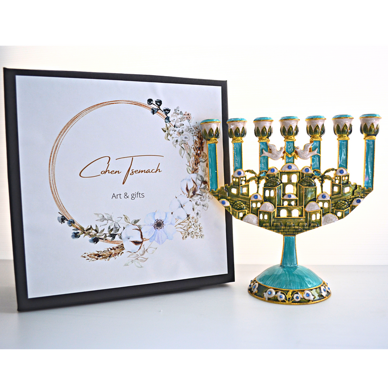 Cohen Tsemach Art & Gift 7 Branch Menorah Candle Holder Jerusalem Hand Painted Crystal Rhinestones Bejeweled Turquoise