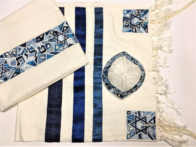 set Tallit+kippa+bag Embroidered Raw Silk 19X70" Emanuel Man/Women Magen David