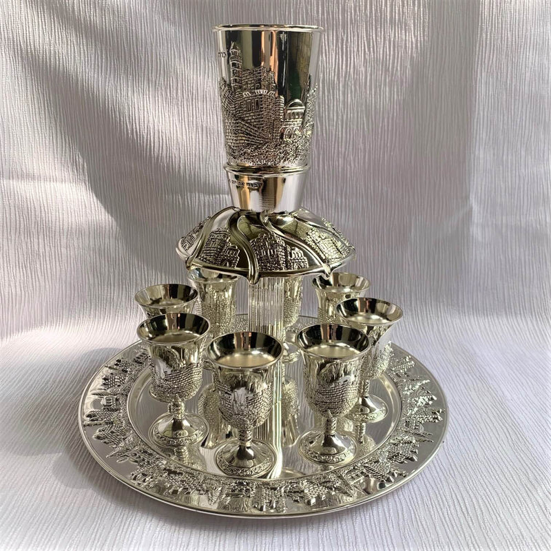 Wine Fountain DIVIDER Kiddush & 8 Goblets Silver plate Judaica Jerusalem