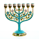 Cohen Tsemach Art & Gift 7 Branch Menorah Candle Holder Crystal Rhinestones Bejeweled Hand-Painted Star of David Enamel Candlesticks Motifs of pomegranates and doves