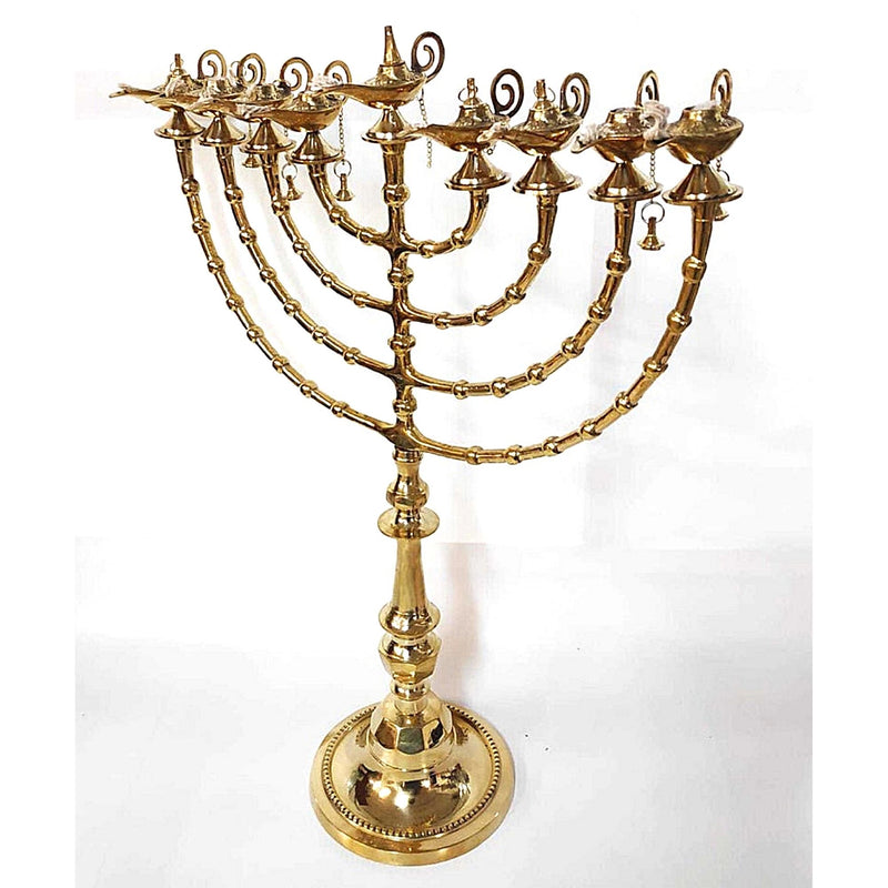 Brass Copper Hand Made Authentic Extra Large 22 Inch / 55 cm Hanukkah Candle Holder With 9 Genie Aladdin Oil Lamp Branches Gift
