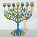 Cohen Tsemach Art & Gift 7 Branch Menorah Candle Holder Crystal Rhinestones Bejeweled Hand-Painted Star of David Enamel Candlesticks Motifs of pomegranates and doves Blue
