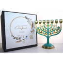 Cohen Tsemach Art & Gift 7 Branch Menorah Candle Holder Crystal Rhinestones Bejeweled Hand-Painted Star of David Enamel Candlesticks Motifs of pomegranates and doves