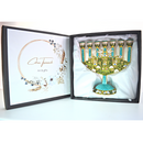 Cohen Tsemach Art & Gift 7 Branch Menorah Candle Holder Jerusalem Hand Painted Crystal Rhinestones Bejeweled Turquoise