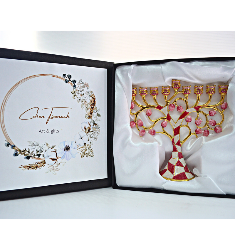 Cohen Tsemach Art & Gift Hand Painted Enamel Menorah Hanukkah Embellished with an Intertwining Pomegranate Design