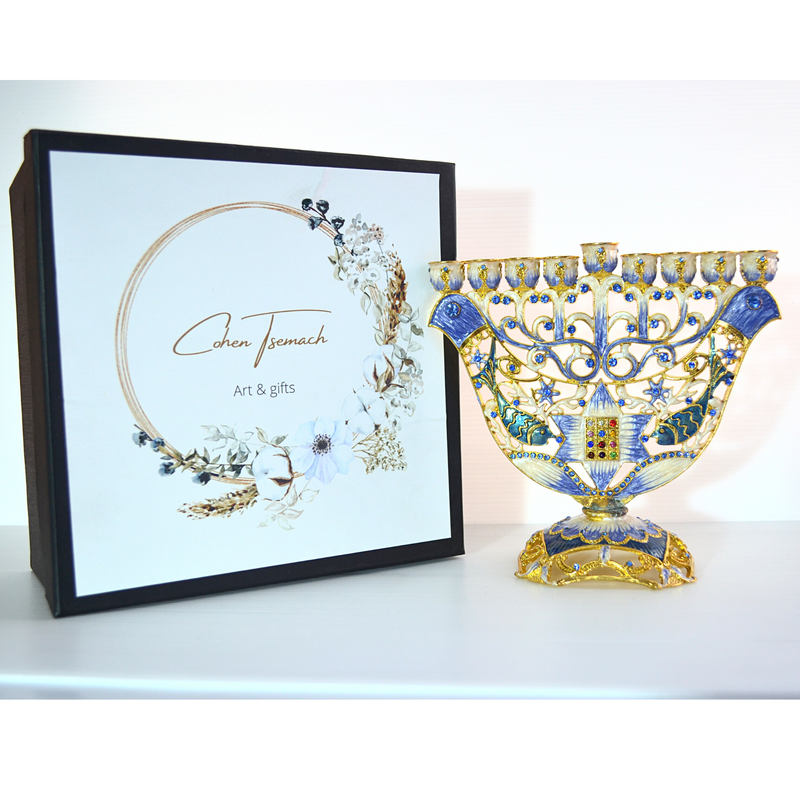 Cohen Tsemach Art & Gift Menorah Hanukkah two doves priestly breastplate Blue Gold & Enamel With Zircons Nine Branch Chanukia