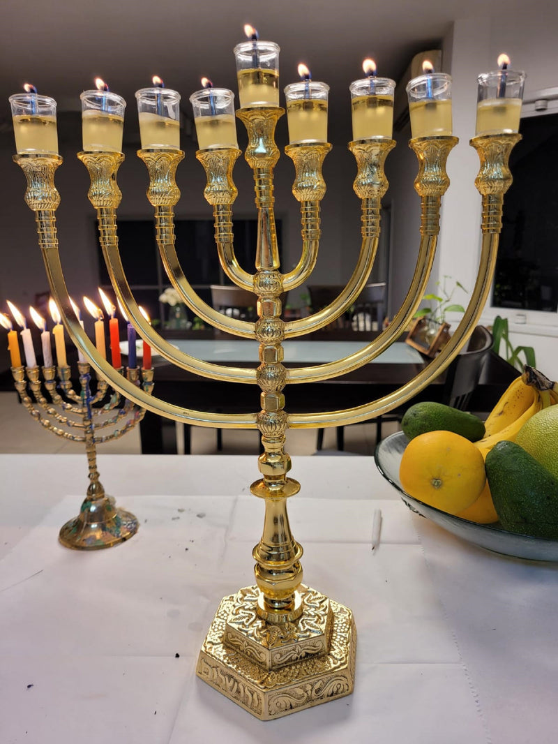 Amazing Hanukkih Brass Copper 14 Inch Height Massive Temple Hanukkiah Jerusalem Candle Holder Oil