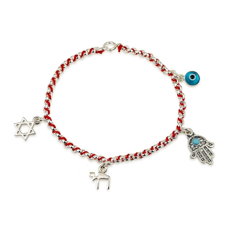 Red Wool Thread String Bracelet With 4 Jewish Judaica Silver 925 Pendant Art Kabbalah Charms: Evil Eye, Chai, Star Of David, Hand Hamsa