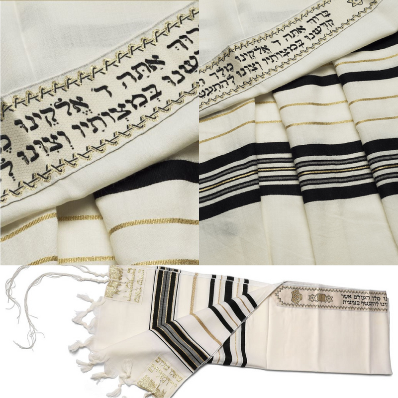 100% Wool Tallit Prayer Shawl in Black and Gold Stripes Size 47" L X 68" W