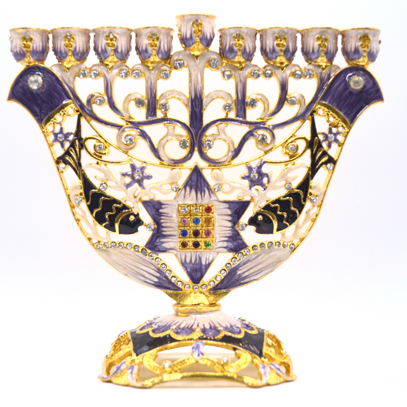 Cohen Tsemach Art & Gift Menorah Hanukkah two doves priestly breastplate purple Gold & Enamel With Zircons Nine Branch Chanukia
