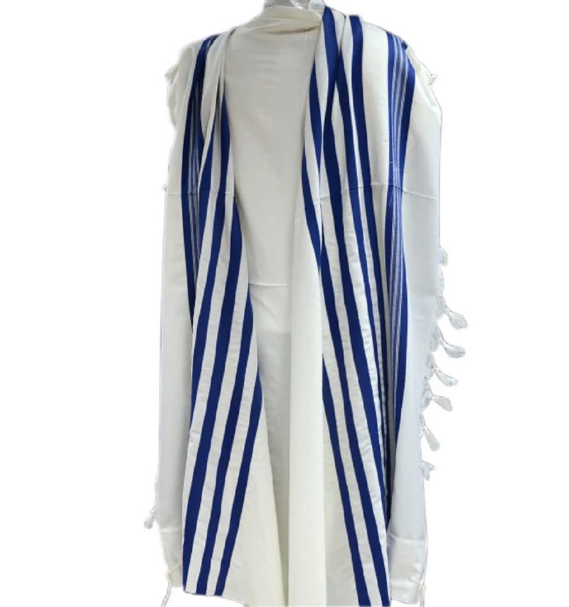 100% Wool Tallit Prayer Shawl in Blue and Silver Stripes Size 36" L X 72" W