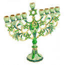 Amazing Gold Plated & Green Enamel With Zircons Inlay 9 Branch Hanukkah Menorah Chanukia From Jerusalem With Star Of David Judaica Hanukiah