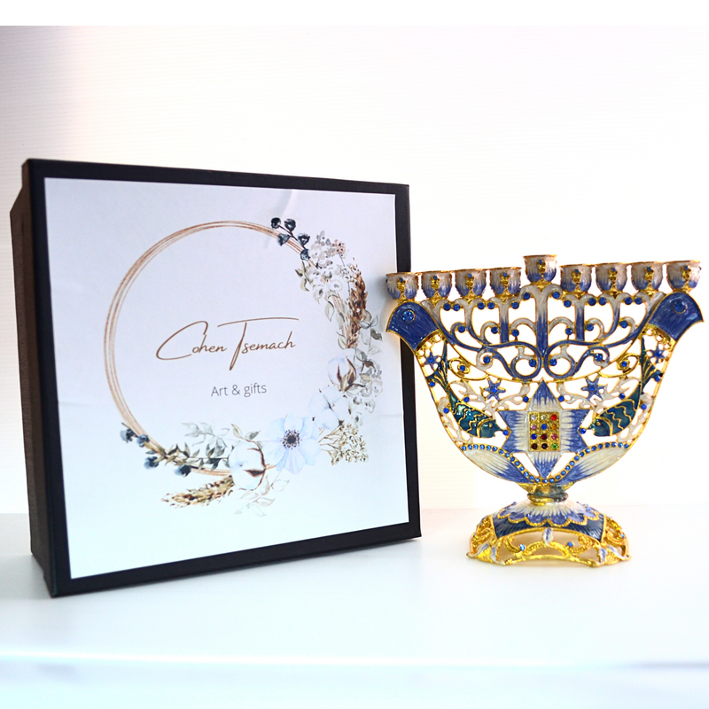 Cohen Tsemach Art & Gift Menorah Hanukkah two doves priestly breastplate Blue Gold & Enamel With Zircons Nine Branch Chanukia