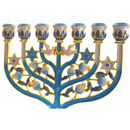 Cohen Tsemach Art & Gift 7 Branch Menorah Candle Holder Crystal Rhinestones Bejeweled Hand-Painted Star of David Enamel Candlesticks Motifs of pomegranates and doves Blue