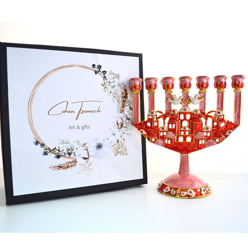 Cohen Tsemach Art & Gift 7 Branch Menorah Candle Holder Jerusalem Hand Painted Crystal Rhinestones Bejeweled