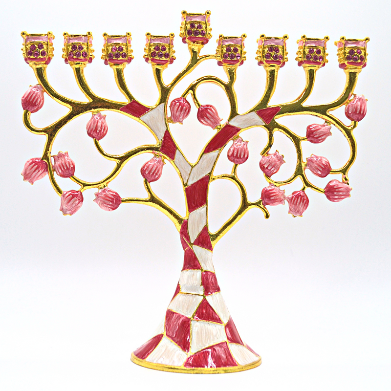 Cohen Tsemach Art & Gift Hand Painted Enamel Menorah Hanukkah Embellished with an Intertwining Pomegranate Design