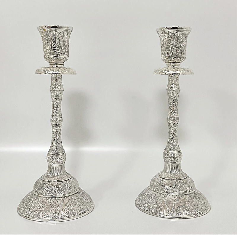 Set Silver Shabbat Candle Holder with Deluxe Engraved Design, Premium Silver Candlestick as Judaica Gift 7.5"