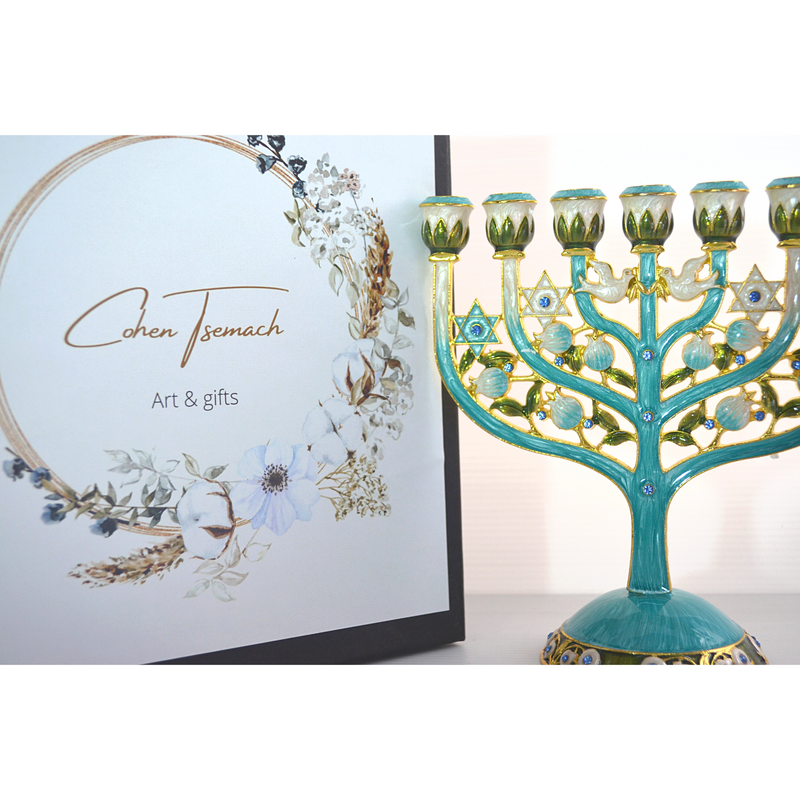 Cohen Tsemach Art & Gift 7 Branch Menorah Candle Holder Crystal Rhinestones Bejeweled Hand-Painted Star of David Enamel Candlesticks Motifs of pomegranates and doves