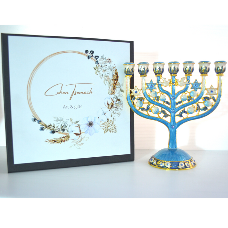 Cohen Tsemach Art & Gift 7 Branch Menorah Candle Holder Crystal Rhinestones Bejeweled Hand-Painted Star of David Enamel Candlesticks Motifs of pomegranates and doves Blue