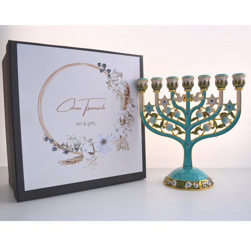 Cohen Tsemach Art & Gift 7 Branch Menorah Candle Holder Crystal Rhinestones Bejeweled Hand-Painted Star of David Enamel Candlesticks Motifs of pomegranates and doves