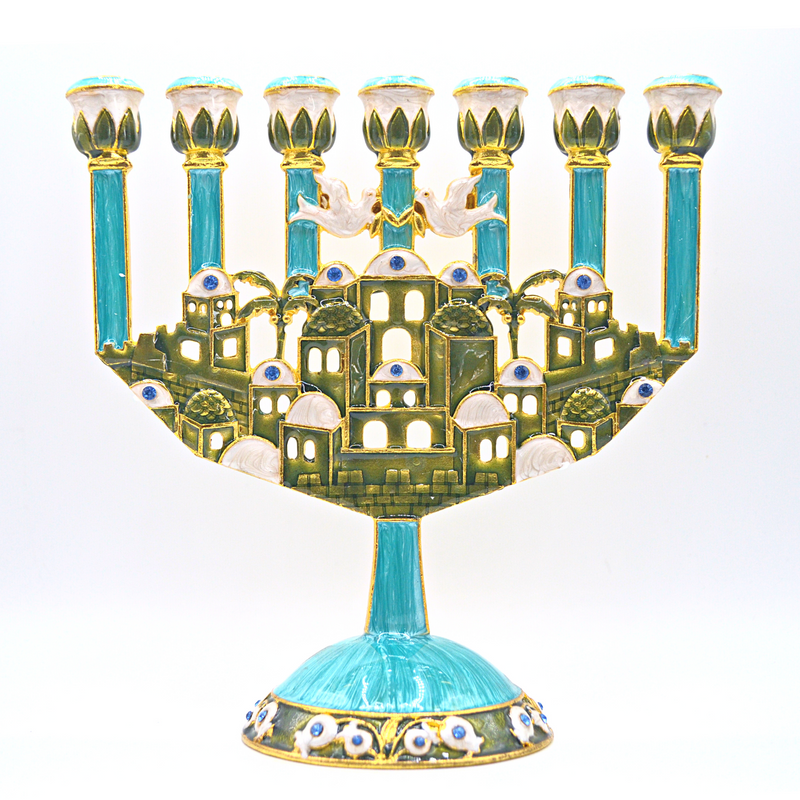 Cohen Tsemach Art & Gift 7 Branch Menorah Candle Holder Jerusalem Hand Painted Crystal Rhinestones Bejeweled Turquoise