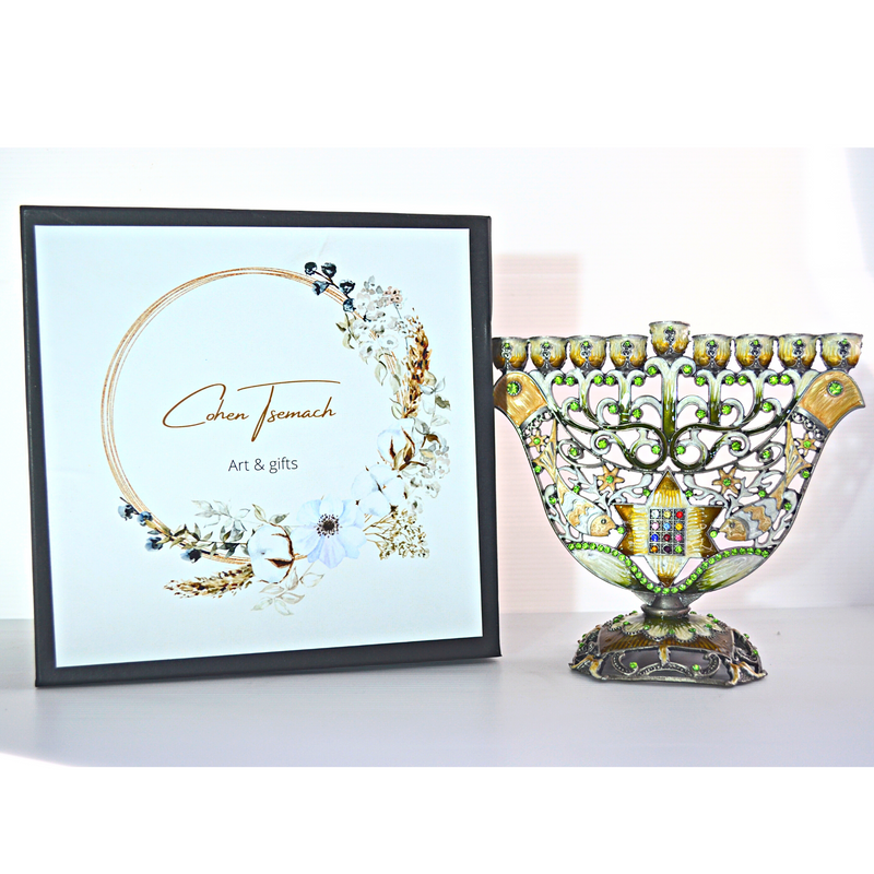 Cohen Tsemach Art & Gift Menorah Hanukkah two doves priestly breastplate Green Gold & Enamel With Zircons Nine Branch Chanukia