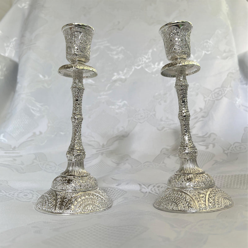 Set Silver Shabbat Candle Holder with Deluxe Engraved Design, Premium Silver Candlestick as Judaica Gift 7.5"