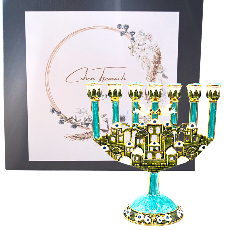 Cohen Tsemach Art & Gift 7 Branch Menorah Candle Holder Jerusalem Hand Painted Crystal Rhinestones Bejeweled Turquoise