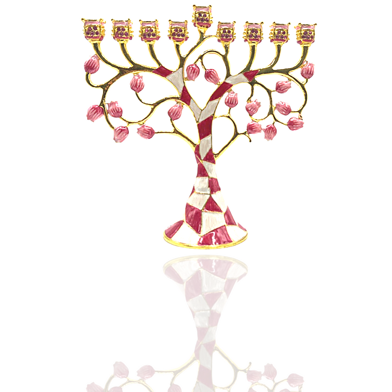 Cohen Tsemach Art & Gift Hand Painted Enamel Menorah Hanukkah Embellished with an Intertwining Pomegranate Design