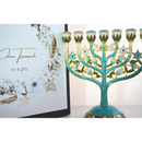 Cohen Tsemach Art & Gift 7 Branch Menorah Candle Holder Crystal Rhinestones Bejeweled Hand-Painted Star of David Enamel Candlesticks Motifs of pomegranates and doves
