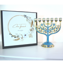 Cohen Tsemach Art & Gift 7 Branch Menorah Candle Holder Crystal Rhinestones Bejeweled Hand-Painted Star of David Enamel Candlesticks Motifs of pomegranates and doves Blue