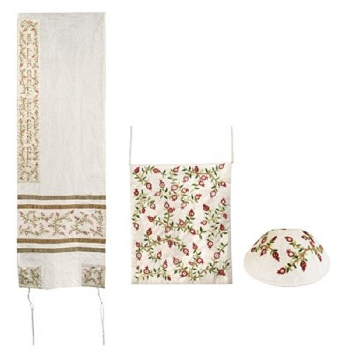 Yair Emanuel Raw Silk Women’s Tallit Set with Pomegranates, Bag and Kippah