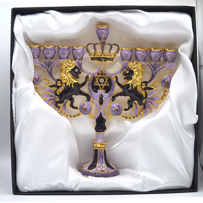 CohenTsemach Art&Gift purple Hanukkah Menorah Enamel Lions Star Of David Israel