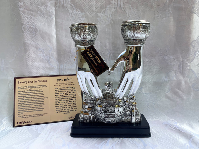 Candle Holders Silver Plated Shabbat Jerusalem Blessing Hands Gift from Israel