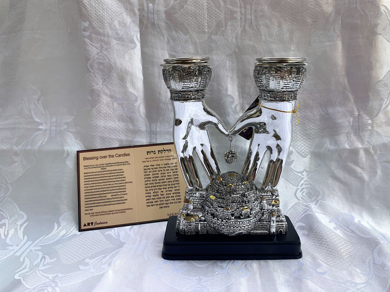 Candle Holders Silver Plated Shabbat Jerusalem Blessing Hands Gift from Israel