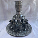 Wine Fountain Kiddush & 8 Goblets Pewter Judaica Jerusalem Design