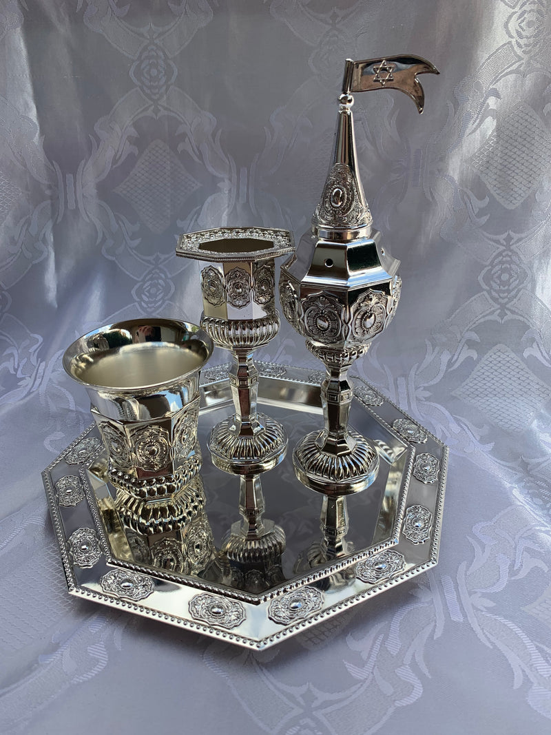 4 Piece Havdallah Set +Tray | Silver Plate| Shabbat Gift | Judaica | Havdalah