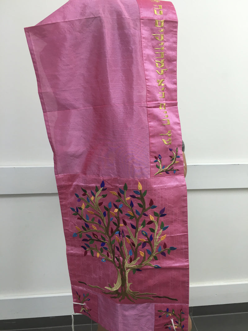 Set Tallit+kippa+Bag Embroidered Silk 16"X70" Emanuel Women Tree of Life Pink